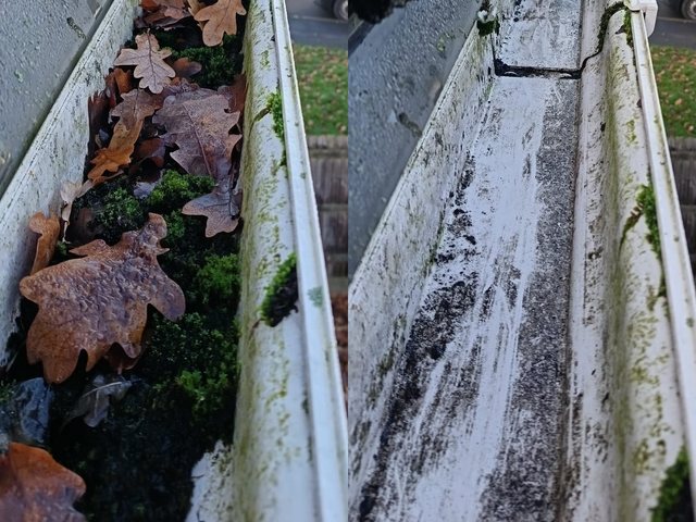 The same stretch of gutter side by side: full of leaves and moss before clearing, and cleared out after
